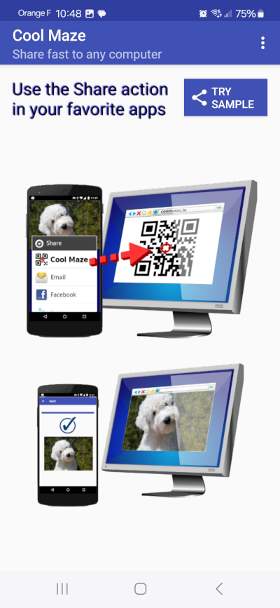 Main app screen, with a Try sample button