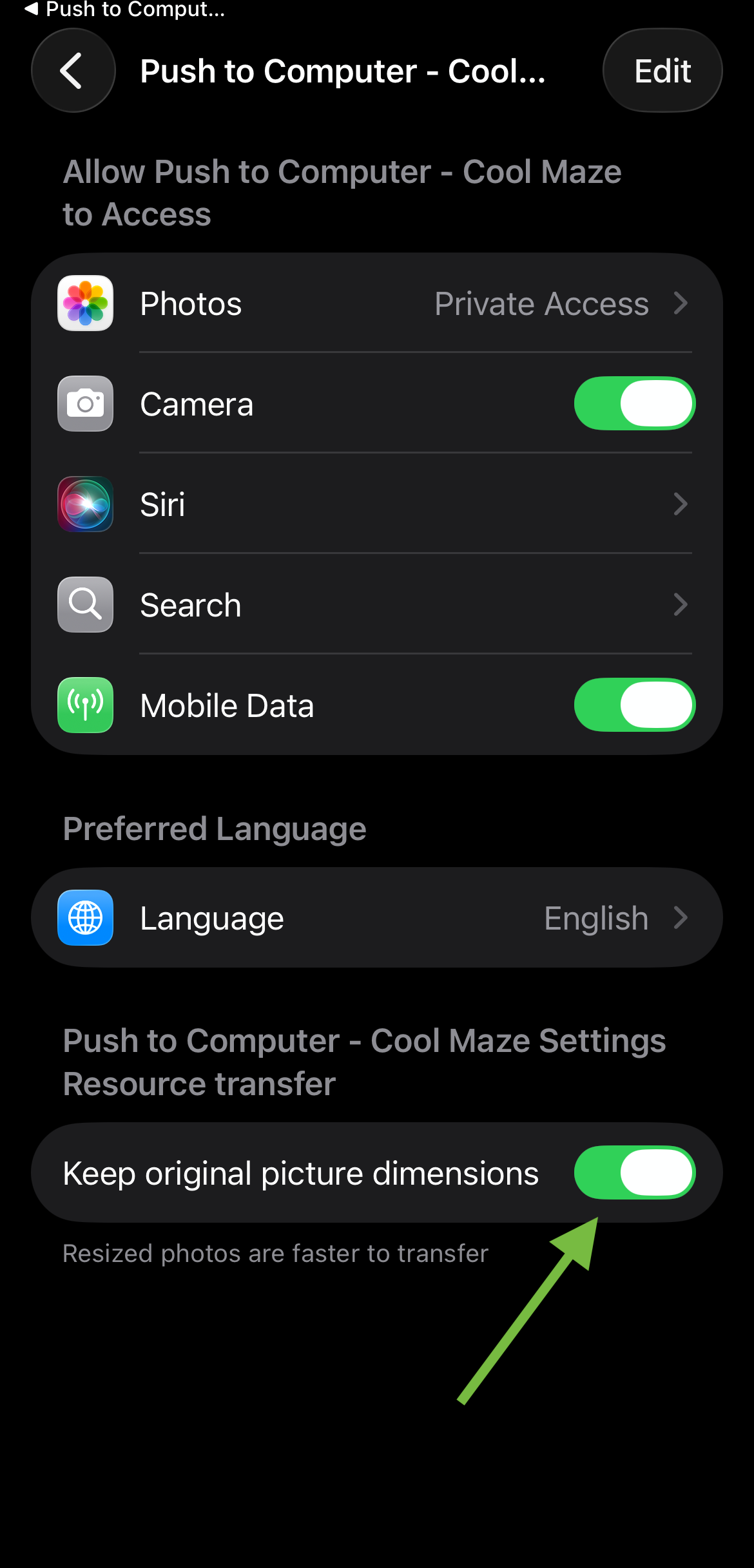 Settings of iOS app
