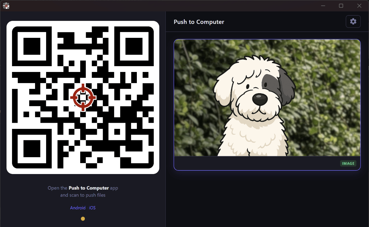 Push to Computer for Windows: QR code on the left, received picture on the right